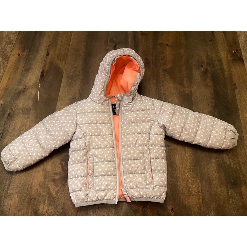Rokka&Rolla Toddler Girls Grey Polka Dot Puffer Jacket Orange Lining 2T